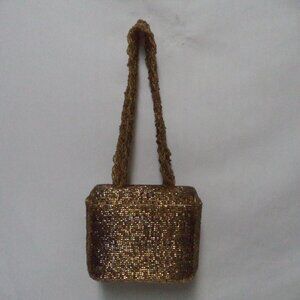 Vintage gold Beaded Box handbag purse small Beaded strap w/ Mirror Occasion